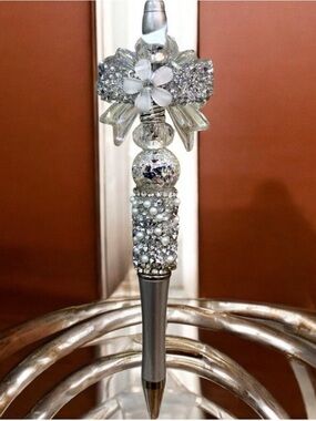 Elegant Bow, Crystal, Floral & Faux Pearl Themed Silver & Crystal Pen